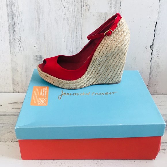 NIB Jean Michael Cazabat Zulaka Red Wedge Espadrille Ankle Strap Suede - Picture 1 of 10